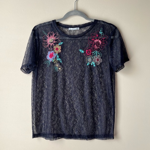 Zara Navy Floral Embroidered Mesh T-Shirt Size S - Picture 5 of 5